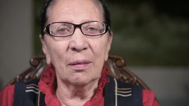 Portrait of an elderly pensive woman in glasses leaning on her arm indoors sitting and thinking. Elderly woman 80 years old — Stock Video