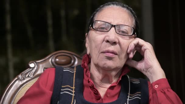 Portrait d'une femme âgée et chérissante portant des lunettes, appuyée sur son bras à l'intérieur, assise et réfléchie. Femme âgée 80 ans — Video