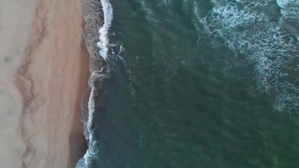 Vue aérienne d'une plage tropicale à l'heure bleue après le coucher du soleil montrant des images en soirée de vagues océaniques vertes mousseuses s'écrasant sur la côte. Vue de dessus sans personnes 