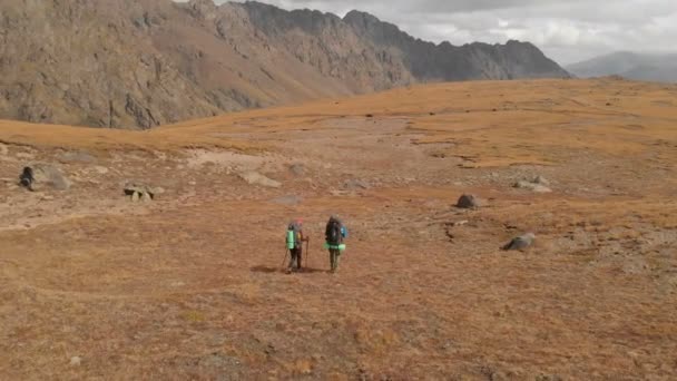 Veduta aerea di una coppia di viaggiatori uomo e donna con grandi zaini in cappelli e occhiali da sole camminare lungo un altopiano alpino circondato da montagne epiche — Video Stock