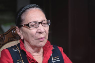 Yaşlı, düşünceli, gözlüklü bir kadının portresi. Koluna yaslanmış içeride oturuyor ve düşünüyor. 80 yaşında yaşlı bir kadın.