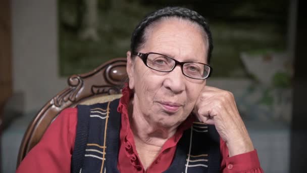 Porträt einer älteren nachdenklichen Frau mit Brille, die sich im Innenraum sitzend und denkend auf ihren Arm stützt. ältere Frau 80 Jahre alt — Stockvideo
