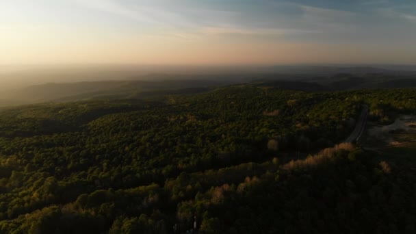 İHA saldırısı. Orman manzarası, vadi. Tepedeki radyo kulesi. Gün batımı. — Stok video