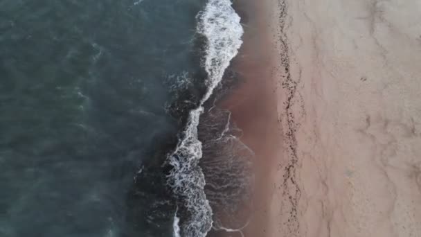 Luftaufnahme eines leisen Videos über einen tropischen Strand zu blauer Stunde nach Sonnenuntergang, das Abendaufnahmen von grün schäumenden Meereswellen zeigt, die auf die Küste krachen. Ansicht von oben ohne Menschen — Stockvideo