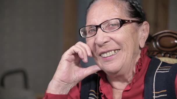 Portret van een oudere glimlachende vrouw met een bril die binnen op haar arm leunt, zittend en denkend. Oudere vrouw 80 jaar oud — Stockvideo