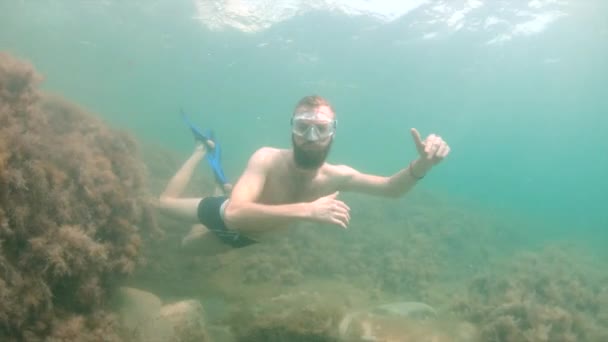 Ein hagerer Mann mit Bart und Maske schwimmt unter Wasser und fuchtelt mit den Armen. Nahaufnahme. — Stockvideo