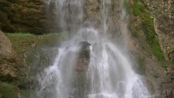 Wasserfall. ein mächtiger Wasserstrom fließt Steine und Baumstämme hinunter. Nahaufnahme, Schwenk — Stockvideo