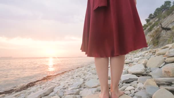 Close-up slow motion behind the legs of a barefoot girl standing in a red dress fluttering in the wind at sunset crouching along the stones of the sea shore. Light Moments of Tidelessness — Stock Video