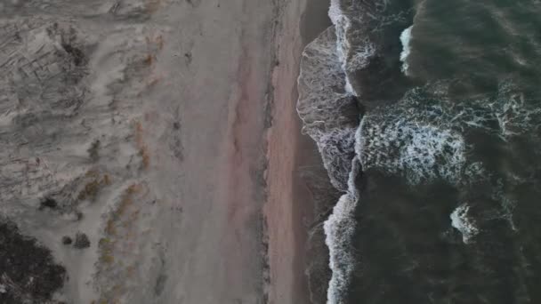 Letecký pohled na nízký klíč Video o tropické pláži v modrou hodinu po západu slunce ukazující večerní záběry zelených zpěněných vln oceánu narážejících na pobřeží. Pohled shora bez osob — Stock video