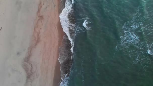 Vue aérienne d'une plage tropicale à l'heure bleue après le coucher du soleil montrant des images en soirée de vagues océaniques vertes mousseuses s'écrasant sur la côte. Vue de dessus sans personnes 