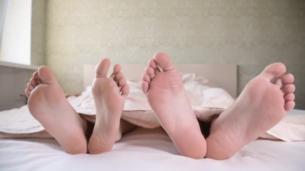 Gros plan des pieds d'un jeune couple sortant de sous les couvertures de la chambre. pieds nus caresser l'autre engagé dans toilettage . — Video