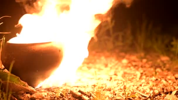 Man met blote borst steekt twee fakkels van het kampvuur aan. Een vuurshow. Sluitingsdatum — Stockvideo