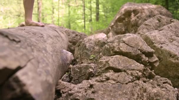 Gros plan. Les jambes d'un homme. Voyageur va pieds nus sur la route rocheuse, grimpe par la rivière — Video