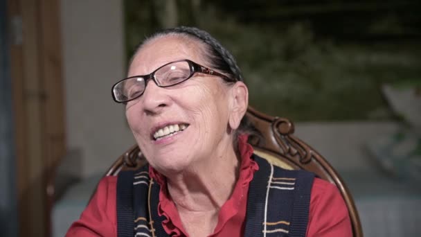 Портрет пожилой улыбающейся женщины в очках, опирающейся на руку в помещении, сидящей и думающей. Пожилая женщина 80 лет — стоковое видео