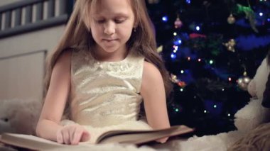 Elinde kitap olan neşeli elbiseli küçük sarışın bir kız Noel ağacının arka planına yaslanmış yumuşak oyuncakların yanına oturur ve kendi evi ile birlikte sayfayı açan bir kitap okur..