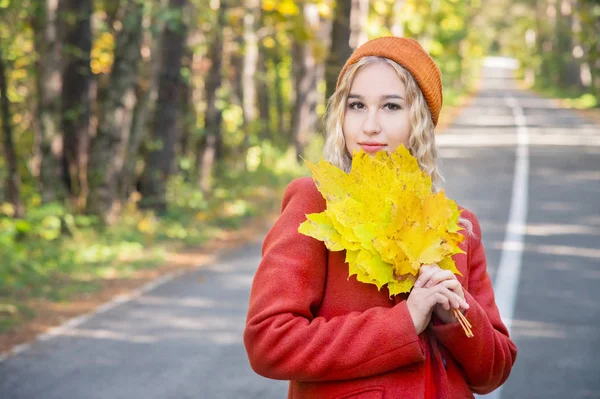 Potret gadis pirang muda Kaukasia yang menarik dengan mantel merah dengan topi merah dengan buket daun kuning jatuh tersenyum di hutan musim gugur dan menutupi wajahnya dengan daun . — Stok Foto