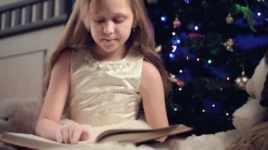 Elinde kitap olan neşeli elbiseli küçük sarışın bir kız Noel ağacının arka planına yaslanmış yumuşak oyuncakların yanına oturur ve kendi evi ile birlikte sayfayı açan bir kitap okur..