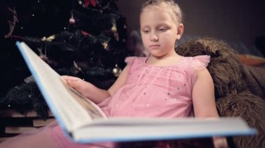 Elinde kitap olan neşeli elbiseli küçük sarışın bir kız Noel ağacının arka planına yaslanmış yumuşak oyuncakların yanına oturur ve kendi evi ile birlikte sayfayı açan bir kitap okur..