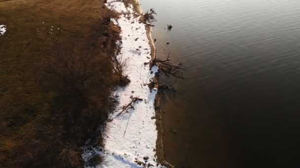 Aerial top view of the shoreline on a warm winter day. Yellow grass and pieces of snow on the shore. Global warming concept. Forward movement — Stock Video