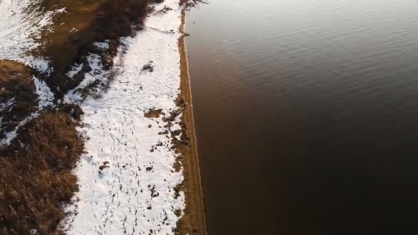 Légi felvétel a partvonalról egy meleg téli napon. Sárga fű és egy darab hó a parton. Globális felmelegedés. Előre irányuló mozgás — Stock videók