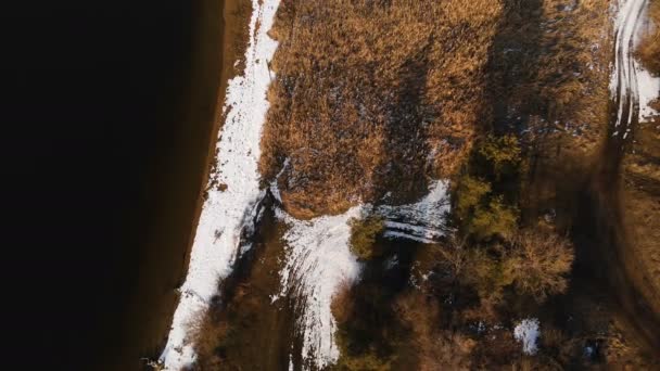 Αεροφωτογραφία της ακτογραμμής σε μια ζεστή χειμωνιάτικη μέρα. Κίτρινο γρασίδι και κομμάτια χιονιού στην ακτή. Η ιδέα της υπερθέρμανσης του πλανήτη. Εμπρόσθια κίνηση — Αρχείο Βίντεο