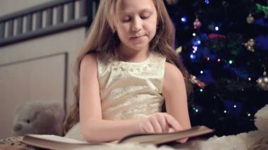 Elinde kitap olan neşeli elbiseli küçük sarışın bir kız Noel ağacının arka planına yaslanmış yumuşak oyuncakların yanına oturur ve kendi evi ile birlikte sayfayı açan bir kitap okur..