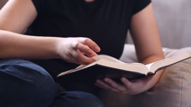 Mujer Joven Relajándose Sofá Leyendo Biblia — Vídeo de stock