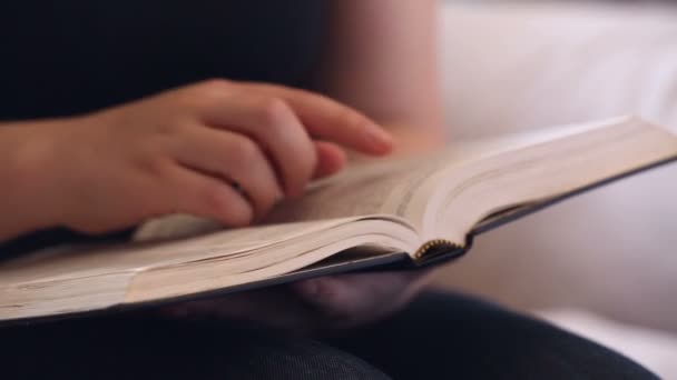 在沙发上放松的年轻妇女读圣经 — 图库视频影像