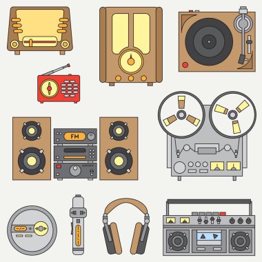 Satırı düz vektör simgesi Retro elektrikli ses cihazları ile ayarla. Analog Yayın. Müzik fan. Karikatür tarzı. Nostalji müzik donanımları. Vektör çizim ve tasarım için öğe. İletişim.