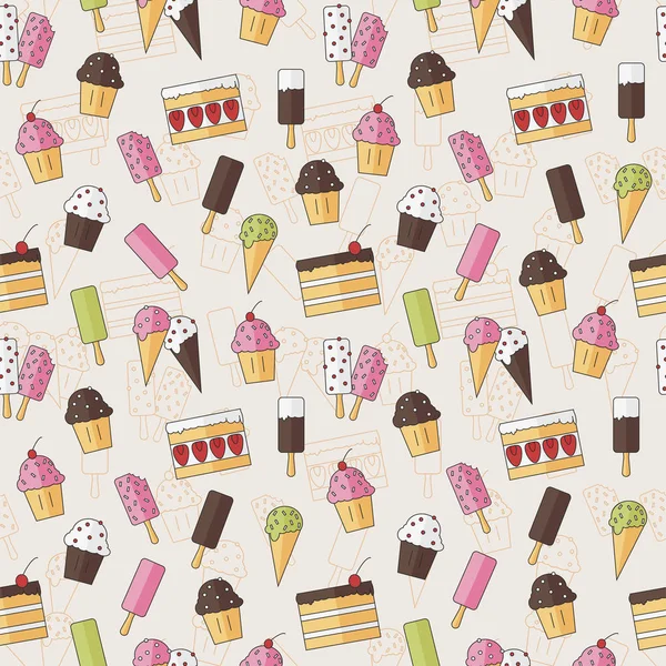 Tatlılar dondurma ve pasta düz tarzı ile sorunsuz arka plan deseni. Vektör çizim. Şık arka plan. Tasarım, duvar kağıdı için grafik doku.