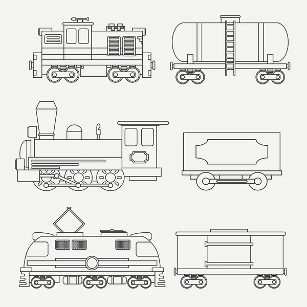 Icons set tank ve yük vagonları ile modern ve vintage tren hattı. Buhar, dizel ve elektrikli lokomotifler. Vektör çizim.