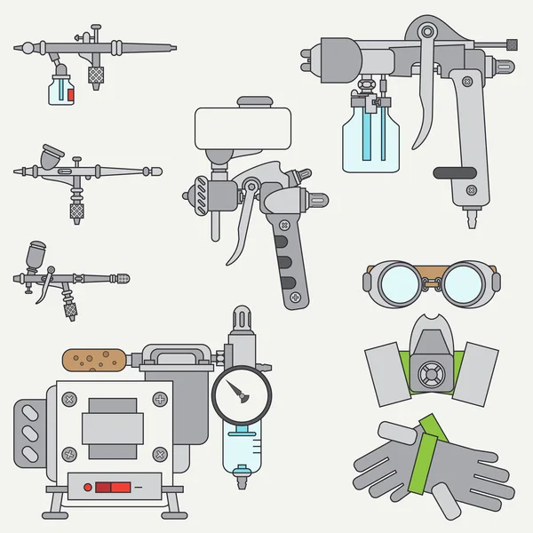 Aerography için aygıtlar çizim çizgi düz renk vektör simgeler kümesi. Karikatür tarzı. Çizim. Airbrush. Sanat. Şekil ve tasarımınız için öğe. Koleksiyon. Endüstriyel. Kompresör. Logo.