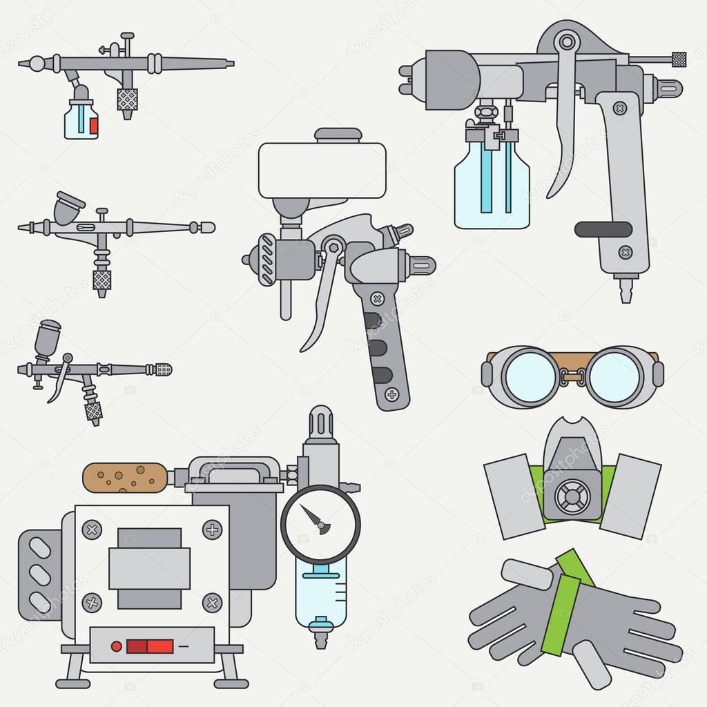 Line flat color vector icons set of drawing instruments for aerography. Cartoon style. Drawing. Airbrush. Art. Illustration and element for design. Collection. Industrial. Air compressor. Logo.