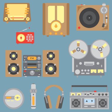 Renk düz vektör simgesi Retro elektrikli ses cihazları ile ayarla. Analog Yayın. Müzik fan. Karikatür tarzı. Nostalji müzik donanımları. Vektör çizim ve tasarım için öğe. İletişim.