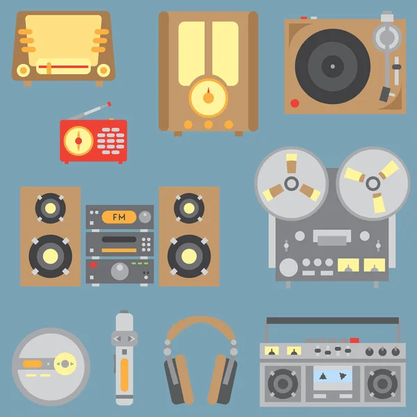 Renk düz vektör simgesi Retro elektrikli ses cihazları ile ayarla. Analog Yayın. Müzik fan. Karikatür tarzı. Nostalji müzik donanımları. Vektör çizim ve tasarım için öğe. İletişim.