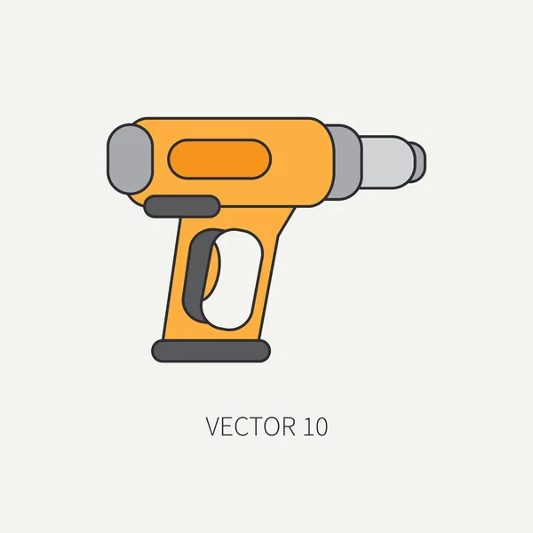 Línea plana icono de vector con la construcción de herramienta eléctrica - secador. Trabajos de construcción y reparación. Potente instrumento industrial. Estilo de dibujos animados. Ilustración y elemento para su diseño. Ingeniería. Trabajos . — Vector de stock