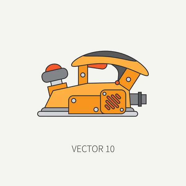 Ícone de vetor plano de linha com a construção de ferramenta elétrica - plaina. Construção e reparação. Instrumento industrial poderoso. Estilo dos desenhos animados. Ilustração e elemento para o seu design. Engenharia. Trabalho . — Vetor de Stock