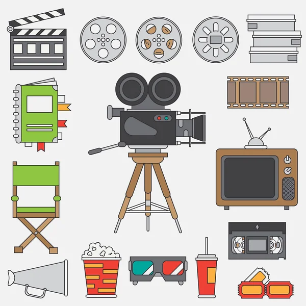 Línea plana vector de color elementos de icono de cine y multimedia conjunto con 35mm cámara de película, tv. Estilo de dibujos animados. Cine. Ilustración vectorial y elemento para su diseño y fondo de pantalla. Colección . — Archivo Imágenes Vectoriales