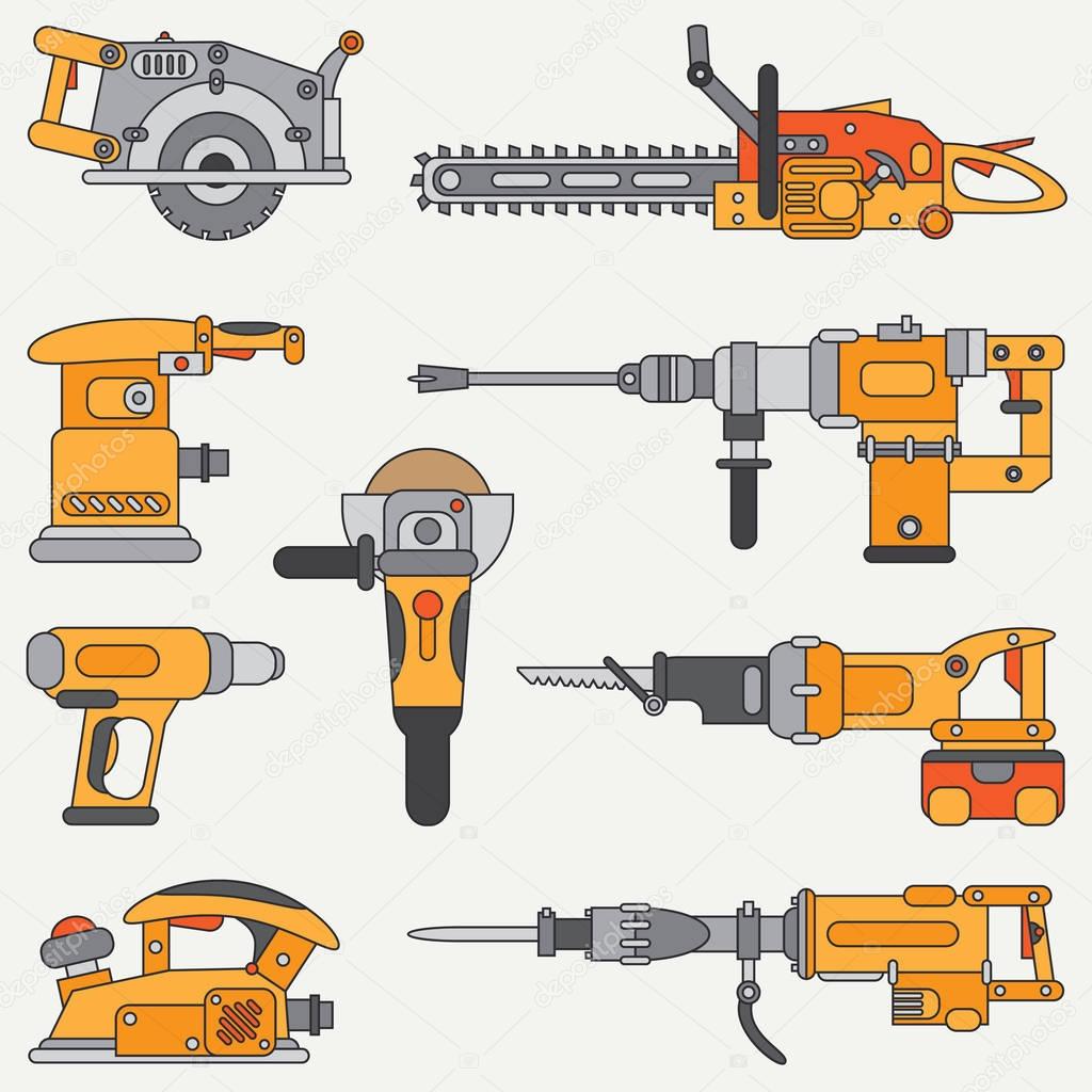 Line flat vector icon set with building electrical tools. Construction and repair work. Powerful industrial instrument. Cartoon style. Vector illustration and element for your design. Engineering.