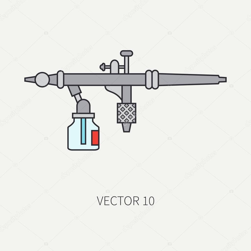 Line flat color vector icon of drawing instruments for aerography. Cartoon style. Drawing. Airbrush. Art. Illustration and element for design. Clipart. Air compressor. Industrial. Pulverizer. Logo.