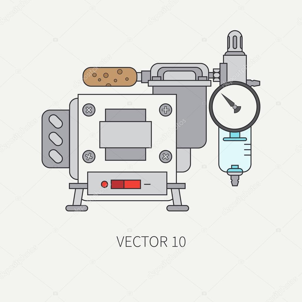 Line flat color vector icon of drawing instruments for aerography - air compressor. Cartoon style. Drawing. Airbrush. Art. Illustration and element for design. Clipart. Industrial. Spray. Logo.