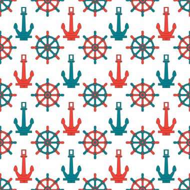 Çapa ve direksiyon simidi ile sorunsuz arka plan deseni. Vektör çizim. Tasarım, duvar kağıdı için şık grafik doku. Deniz kesintisiz deniz desen. Sevimli deniz arka plan.