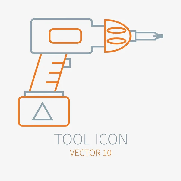 Línea plana icono de vector conjunto con la construcción de herramientas  eléctricas. Trabajos de construcción y reparación. Potente instrumento  industrial. Estilo de dibujos animados. Ilustración vectorial y elemento  para su diseño. Ingeniería .