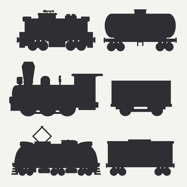 矢量现代和复古列车设有货运车和坦克的剪影。蒸汽、 内燃、 电力机车。卡通风格。插图和为您的设计元素。铁路。马车。复古. — 图库矢量图片
