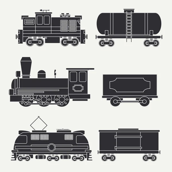 Trendige flache moderne und historische Züge mit Güterwaggons und Panzersymbolen. Dampf-, Diesel- und Elektrolokomotiven. Vektorillustration. Designelemente Eisenbahnkollektion. Eisenbahn. Waggon. retro. — Stockvektor