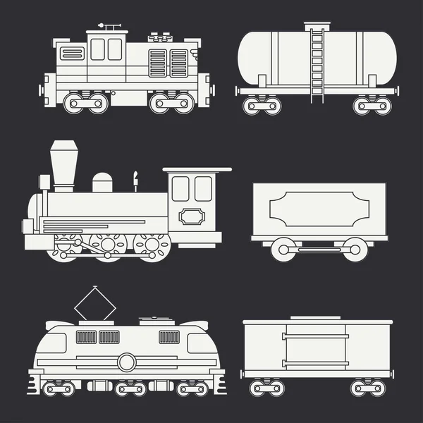 Moderní byt moderní a vintage vlaky s nákladní vagony a nádrže ikony nastavit. Parní, motorové a elektrické lokomotivy. Vektorové ilustrace. Design prvků železniční sbírka. Železniční. Vozu. Retro. — Stockový vektor