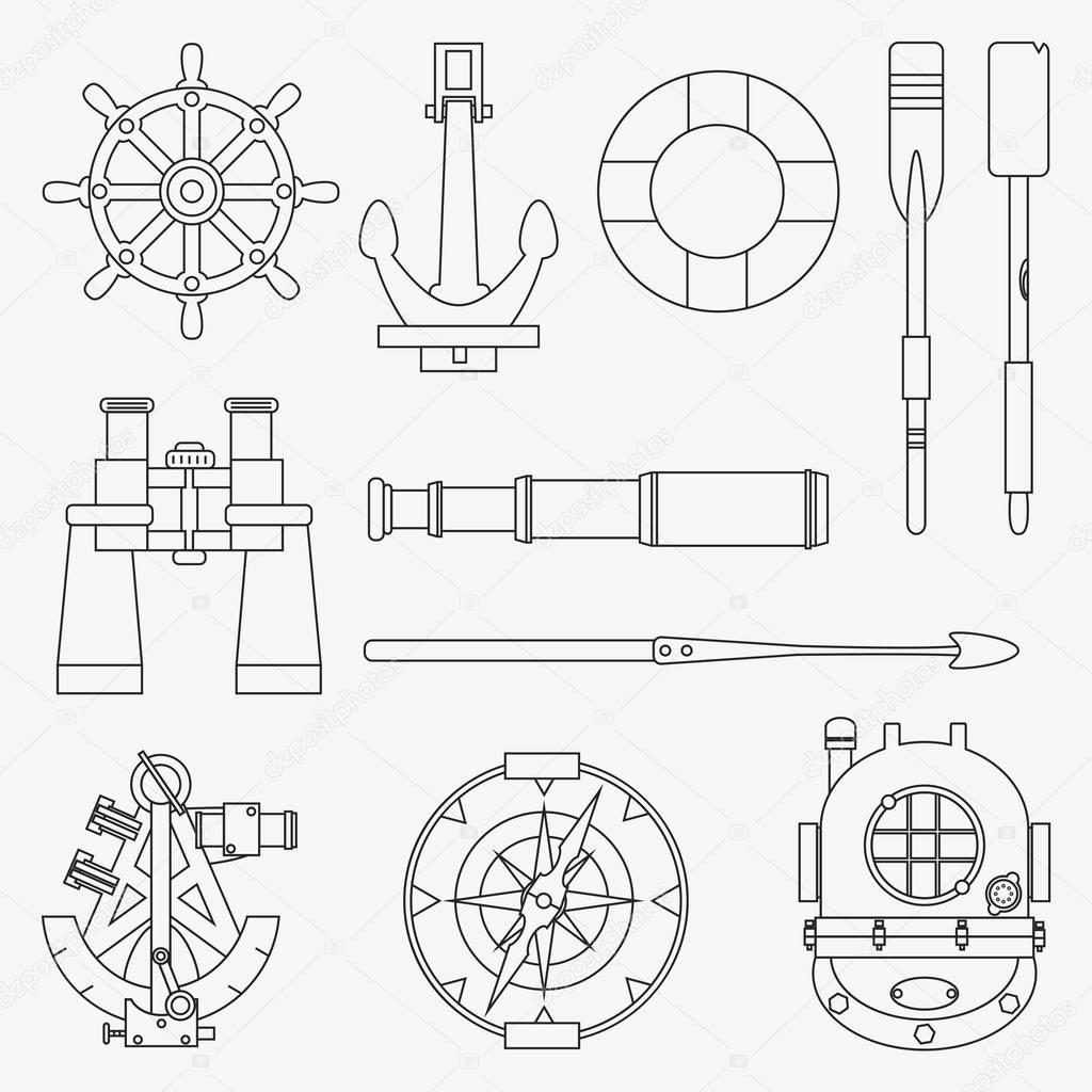 Line marine icons set. Nautical design elements: anchor, wheel, lifebuoy, compass, harpoon, paddle, diving helmet, sextant, binoculars, telescope. Sea vector illustration collection. Cartoon style.