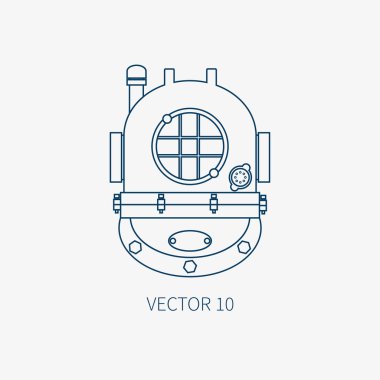 Deniz tasarım öğeleri - Dalış kask ile çizgi düz vektör mavi deniz simgesi. Karikatür tarzı. Şekil ve tasarımınız için öğe. Deniz macera. Okyanus. Kurbağa adam. Aqualung. Çukurdaki. Deniz.