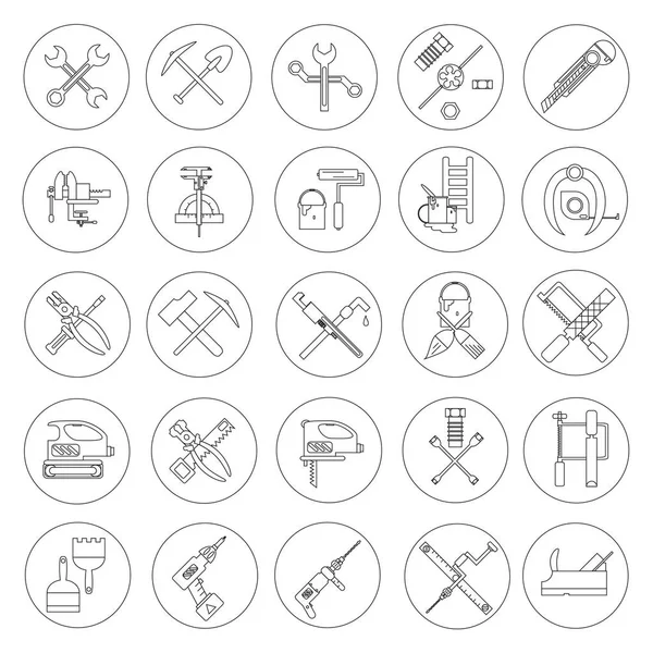 Çizgi çalışma araçları inşaat, Bina ve ev için 25 Icons set onarın. Vektör çizim. Ekipman ve tasarım öğeleri. Sanayi tarzı. El iş araçları koleksiyonu.
