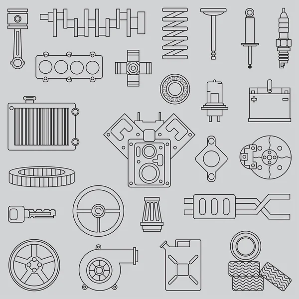 Linha plana vetor ícone peças do carro conjunto com elementos do motor de combustão interna final undercarriage. Industrial. Estilo dos desenhos animados. Ilustração e elemento para design. Monocromático. Serviço de automóvel. Manutenção e manutenção . —  Vetores de Stock